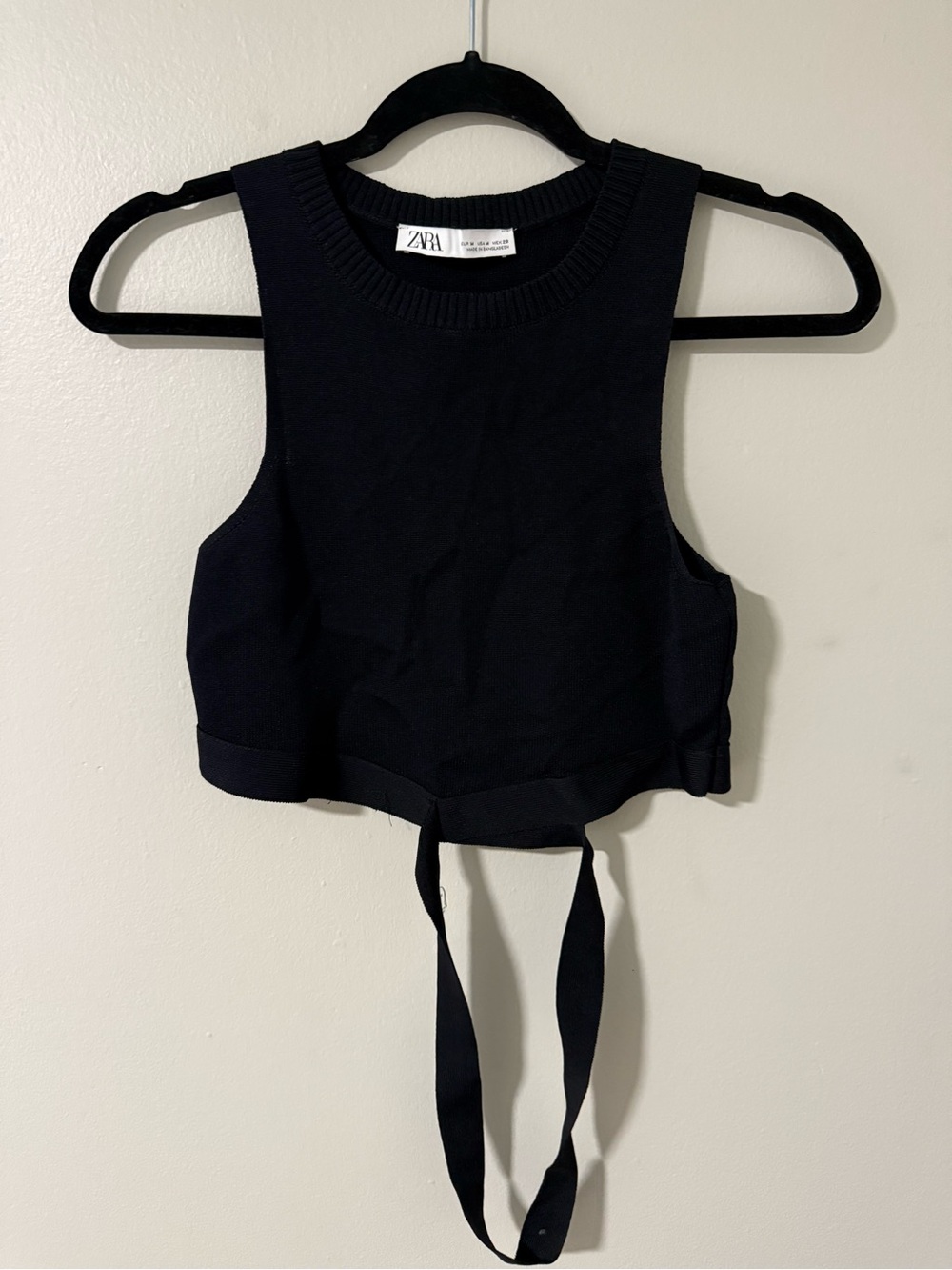 Zara Black Cropped Knit Tank with Tie Straps